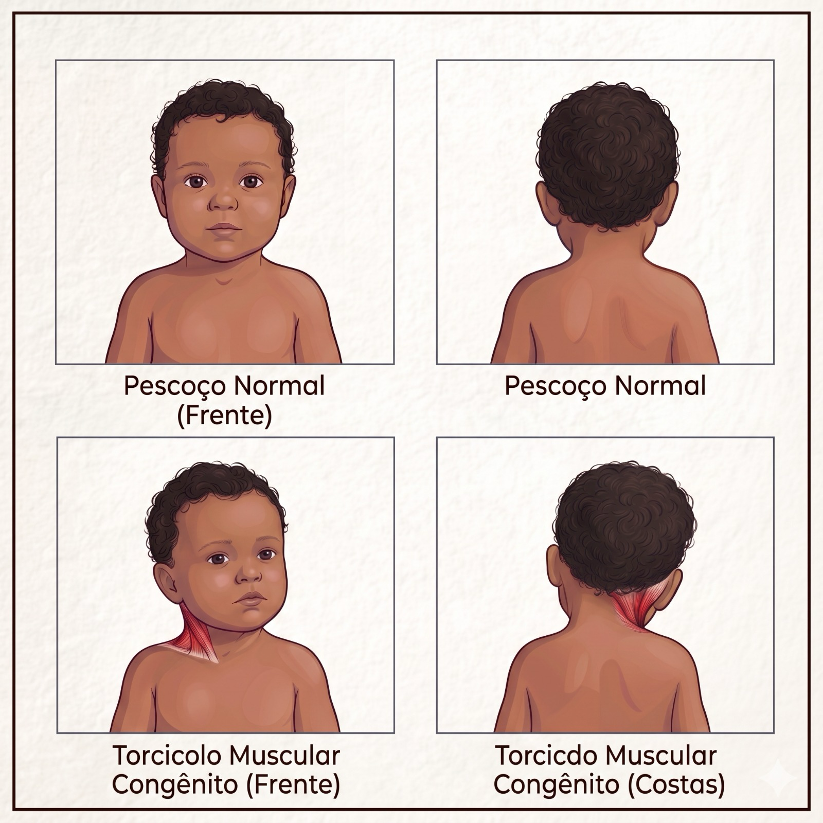 Alinhamento normal vs sinais de torcicolo muscular congênito